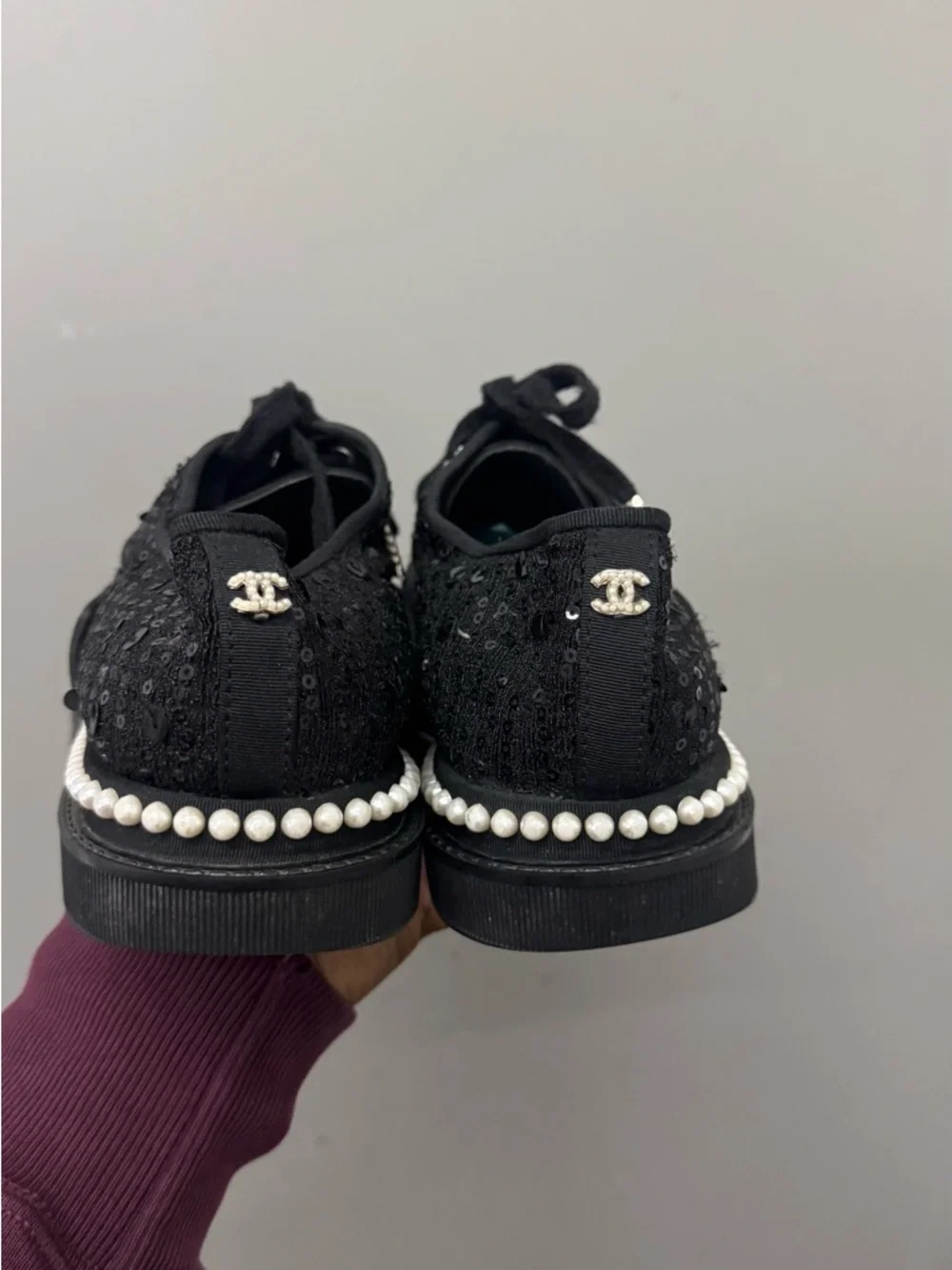 Chanel Black Tweed Sequins Lace Up Pearl Sneaker Shoes Size 37 /US 7 Auth.